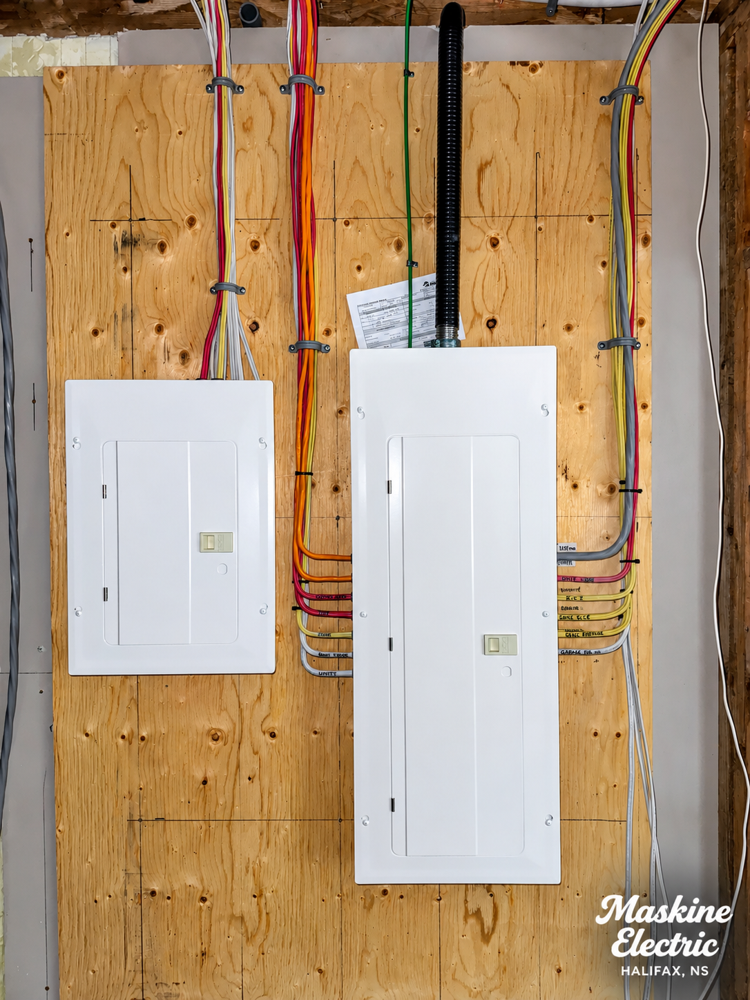 Electrical panel rough-in — dual panels with labelled wiring, Maskine Electric, Halifax NS