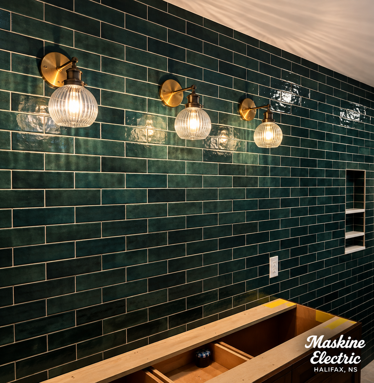 Bathroom vanity sconce lighting install — brass fixtures on teal tile, Maskine Electric, Halifax NS
