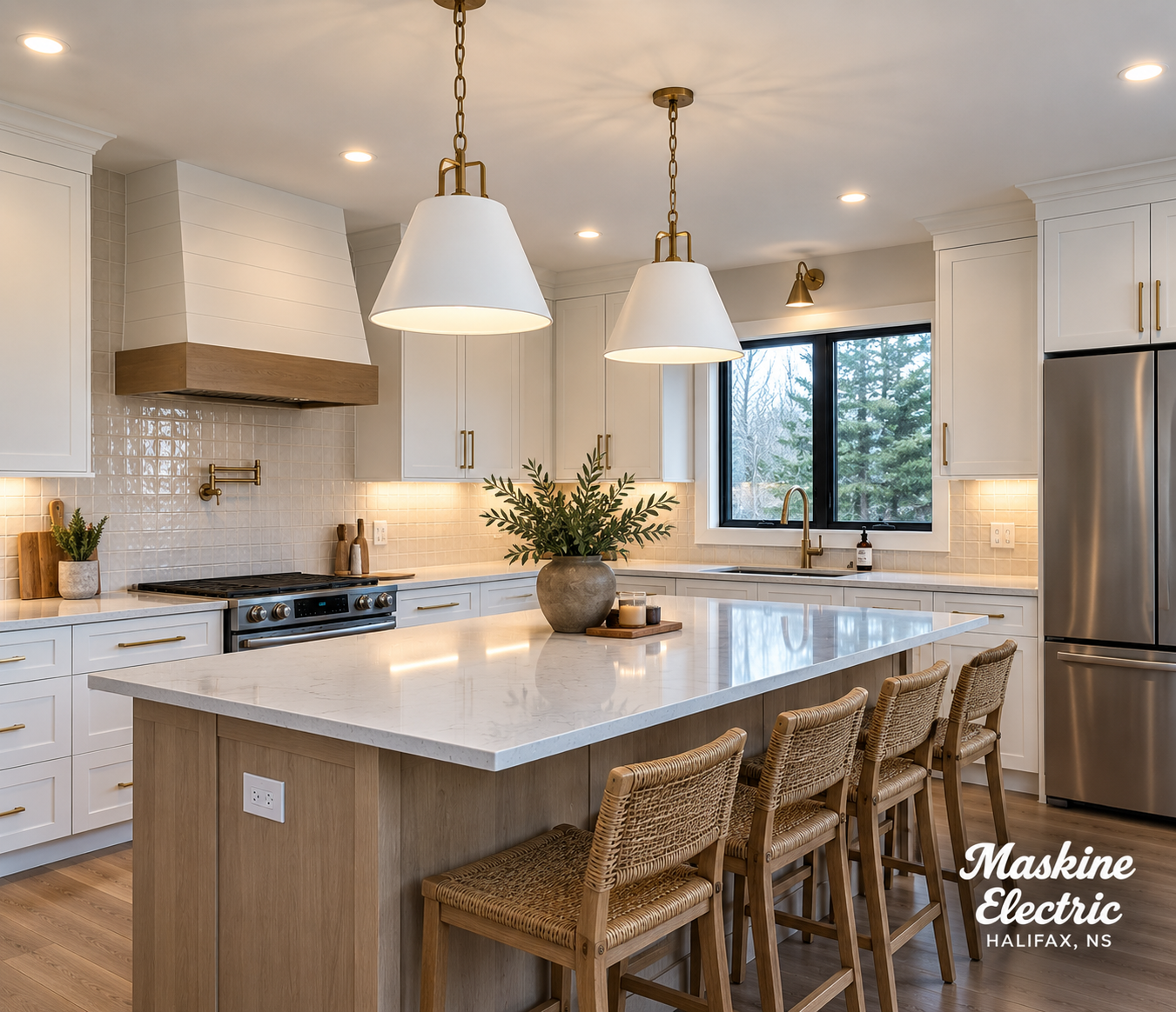 Finished kitchen with white cabinets, brass pendant lighting and recessed lights — Maskine Electric, Halifax NS