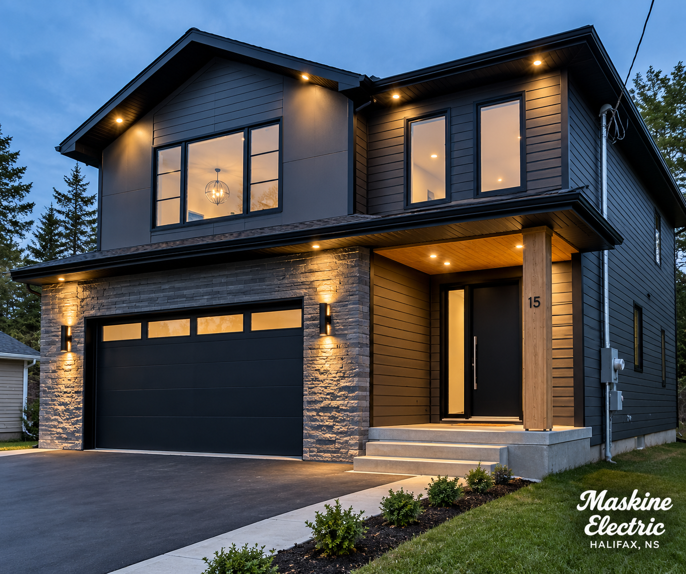 Maskine Electric completed new home build at dusk — Halifax, NS
